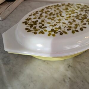 Pyrex White Yellow Olive Green Casserole Dish with Floral Design
